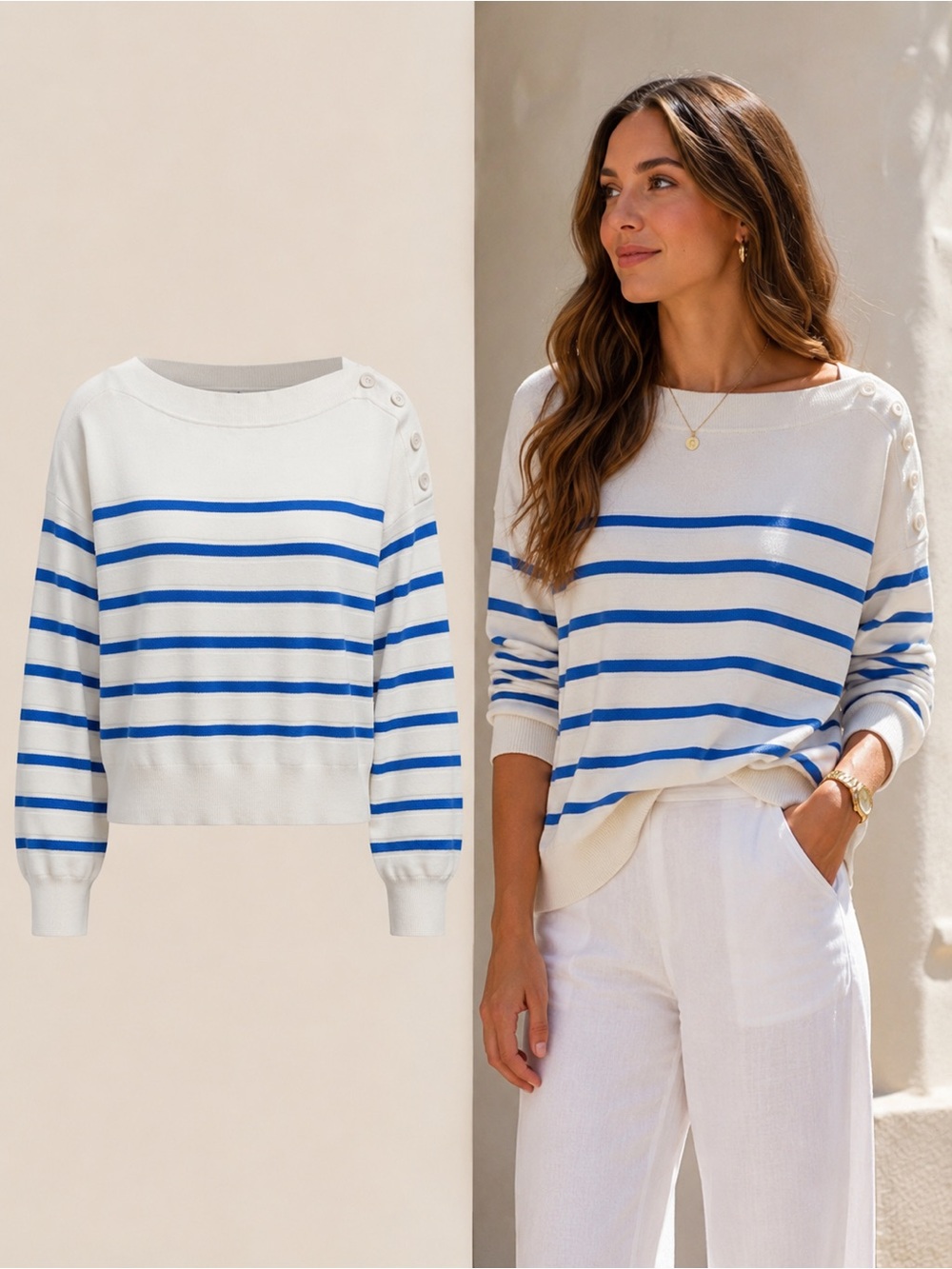 Free Assembly | Blue & White Striped Button Shoulder Sweater | Medium